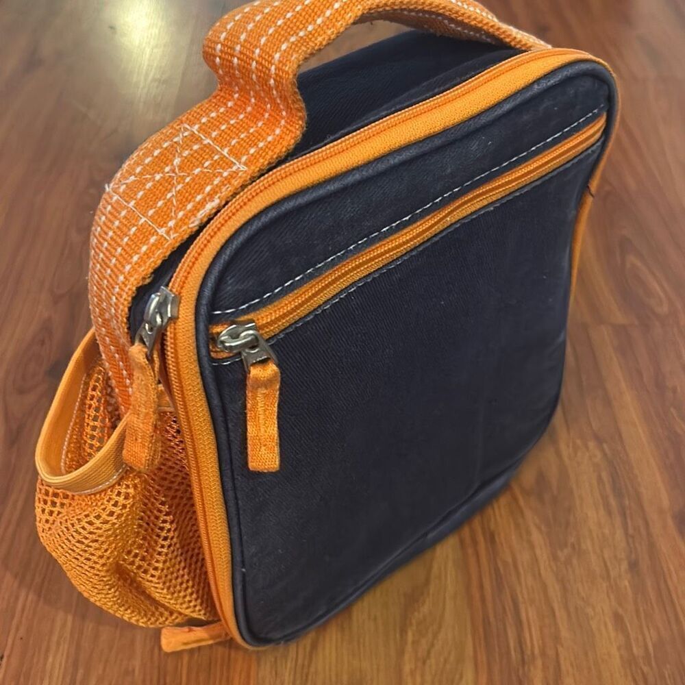 Pottery barn kids denim rustic with orange trim kids insulated lunch box